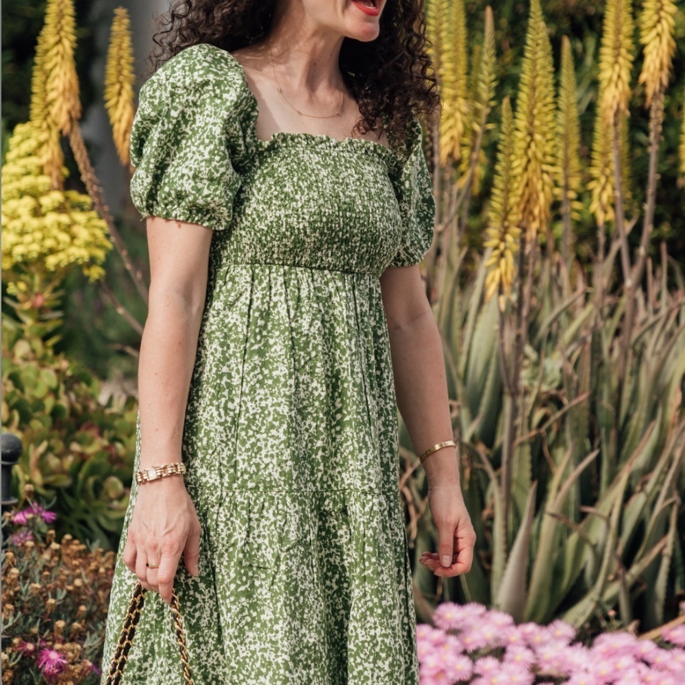 Abercrombie & Fitch Womens Green/ White Smocked tiered linen blend Midi Dress MT